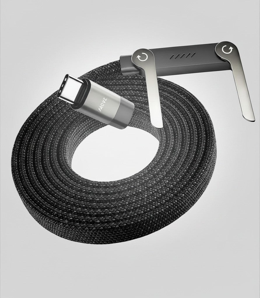 Cable USB Tipo C a USB Tipo C Fastrok de 240W con diseño plano, conector lateral y soporte integrado en color negro