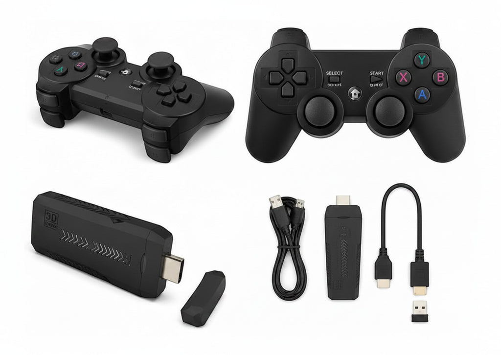 Consola de videojuegos retro Fastrok X2 Plus con dos mandos inalámbricos, stick HDMI 4K y cables de conexión