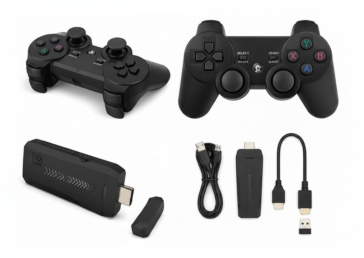 Consola de videojuegos retro Fastrok X2 Plus con dos mandos inalámbricos, stick HDMI 4K y cables de conexión