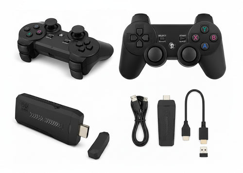 Consola de videojuegos retro Fastrok X2 Plus con dos mandos inalámbricos, stick HDMI 4K y cables de conexión