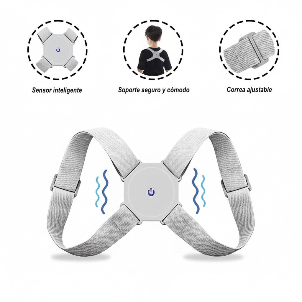 Corrector de postura inteligente Fastrok gris con sensor vibratorio, correas elásticas ajustables y diseño ergonómico.