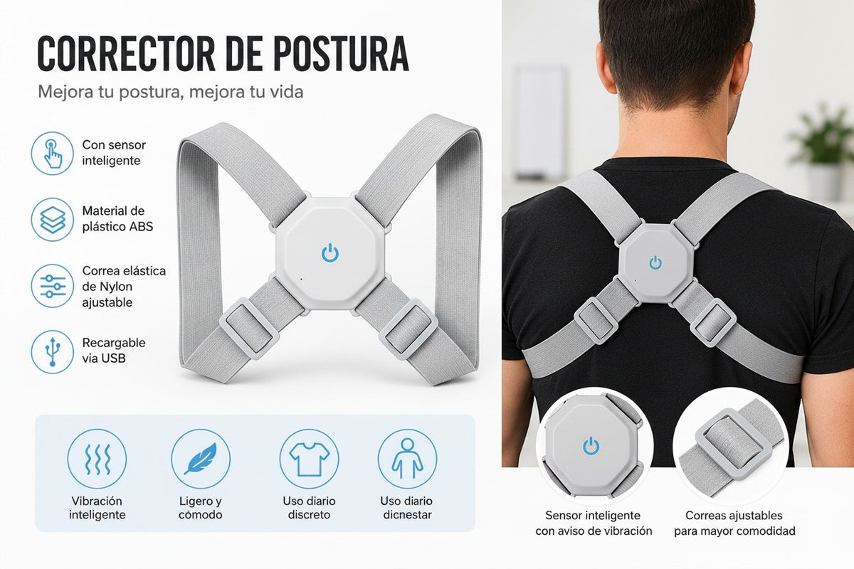 Corrector de postura inteligente Fastrok gris con sensor de vibración, correas de nailon ajustables y carga USB.