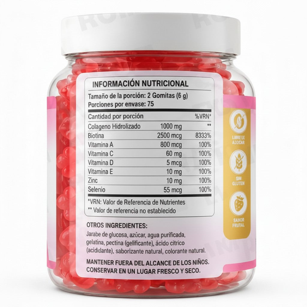 Etiqueta de información nutricional de gomitas de colágeno Fastrok con vitaminas y minerales en envase de 150 unidades