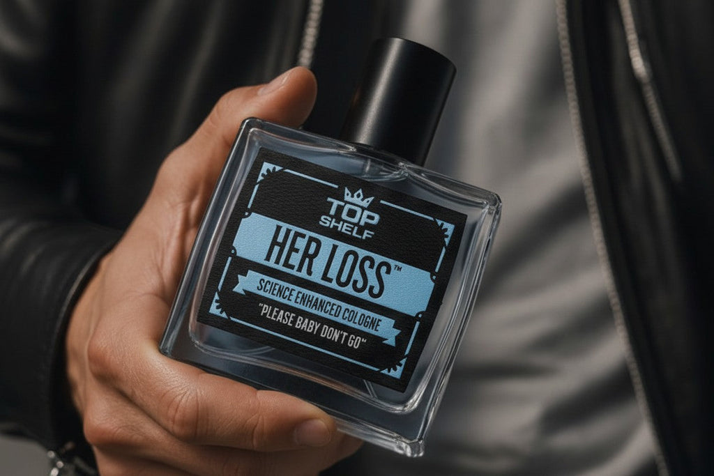 Perfume con feromonas Fastrok HERLOSS en frasco de cristal cuadrado con etiqueta azul, sostenido por una mano.