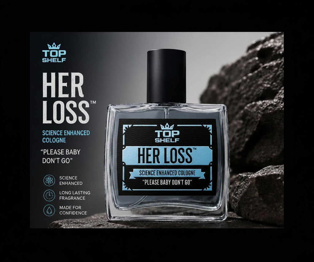 Perfume con feromonas Fastrok Herloss en frasco de cristal elegante sobre fondo de piedra oscura