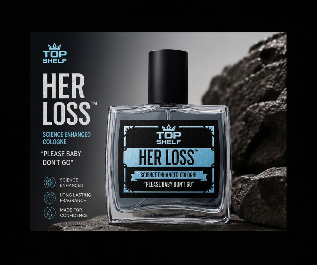 Perfume con feromonas Fastrok Herloss en frasco de cristal elegante sobre fondo de piedra oscura
