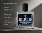 Perfume con feromonas Fastrok Herloss en frasco de cristal elegante con etiqueta azul y notas olfativas detalladas