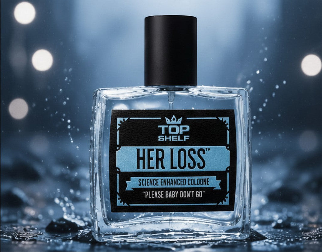 Perfume con feromonas Fastrok Herloss en frasco de cristal cuadrado con etiqueta azul sobre fondo oscuro con agua