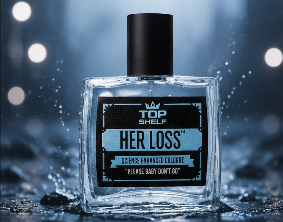 Perfume con feromonas Fastrok Herloss en frasco de cristal cuadrado con etiqueta azul sobre fondo oscuro con agua
