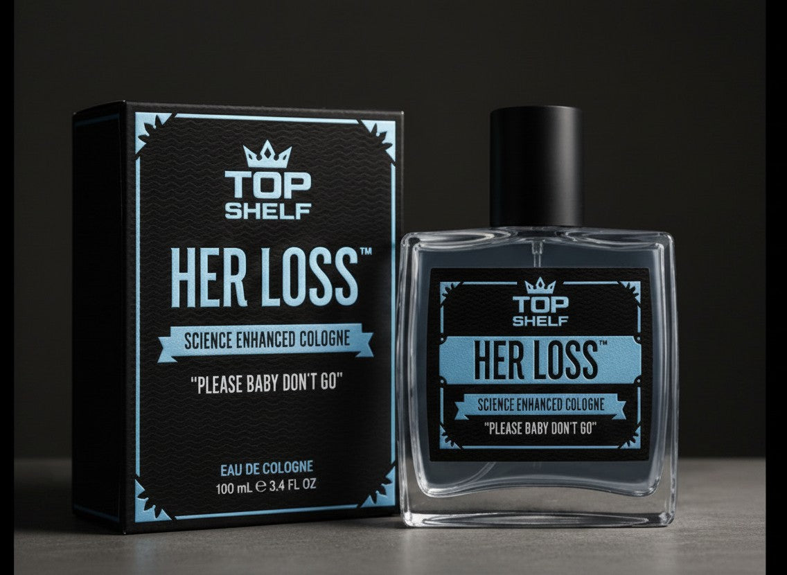 Perfume con feromonas Fastrok Herloss en frasco de vidrio elegante con caja negra y detalles en azul claro