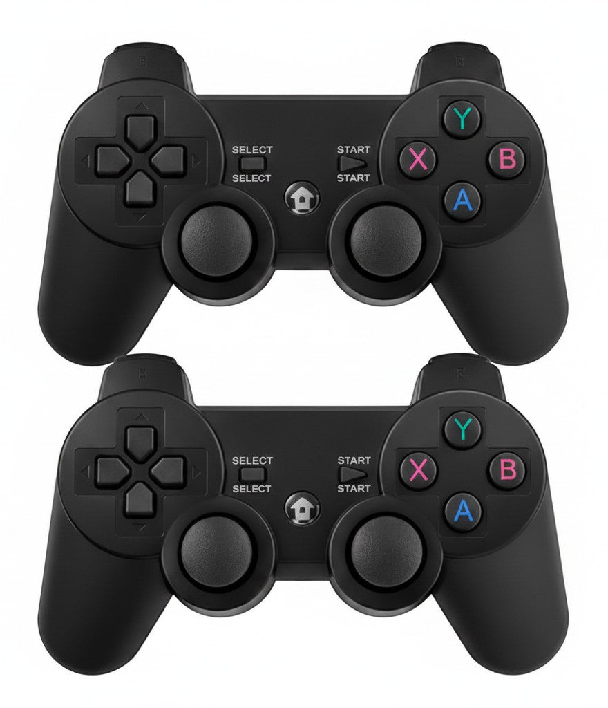 Dos mandos inalámbricos Fastrok negros para consola retro con botones de colores y joysticks ergonómicos