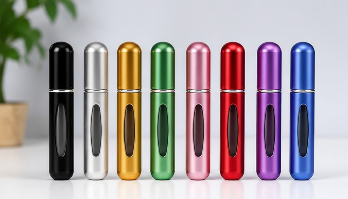 Set de minispray perfumero Fastrok en varios colores metálicos, frascos recargables portátiles para viajes.