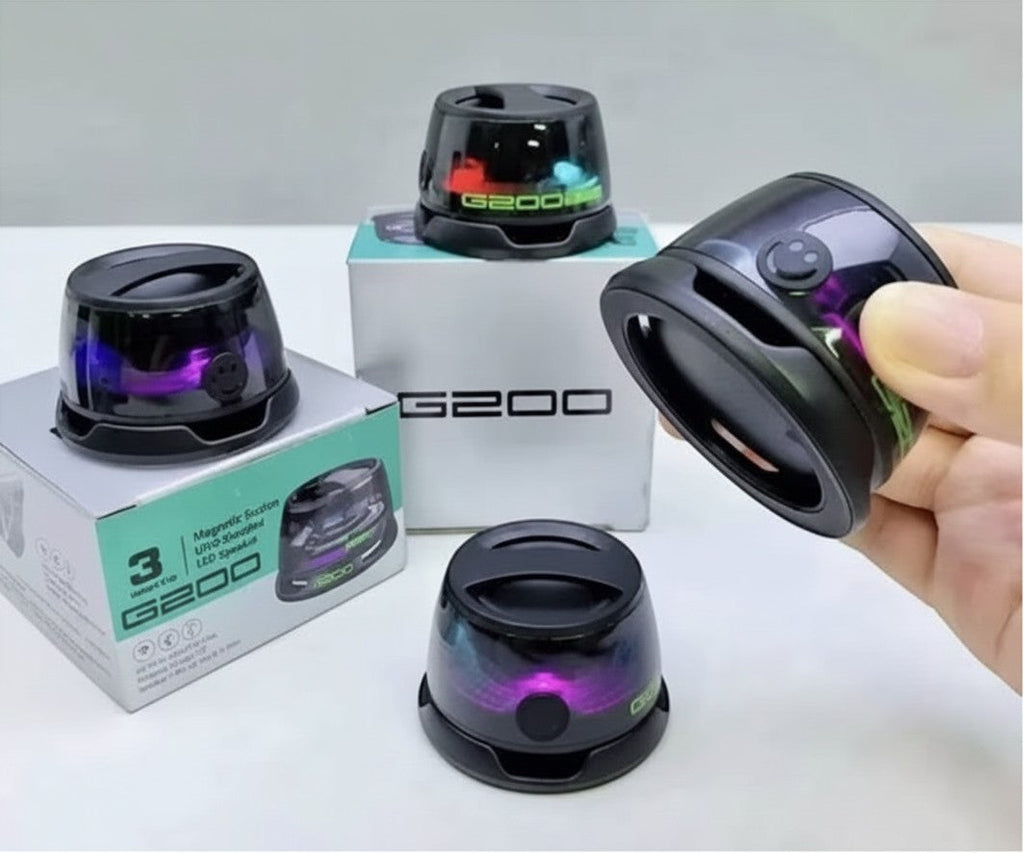Parlante magnético Fastrok G200 compacto con luces LED, diseño negro brillante y conexión Bluetooth inalámbrica