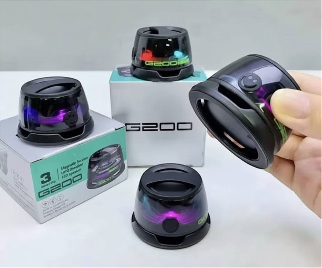 Parlante magnético Fastrok G200 compacto con luces LED, diseño negro brillante y conexión Bluetooth inalámbrica