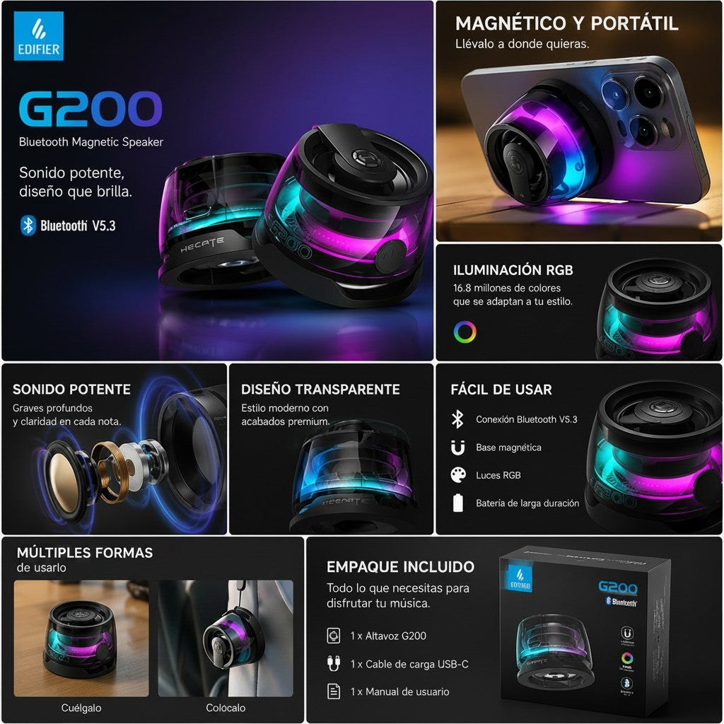 Parlante magnético Fastrok Edifier G200 con luces RGB, diseño transparente, Bluetooth 5.3 y sonido de alta fidelidad.